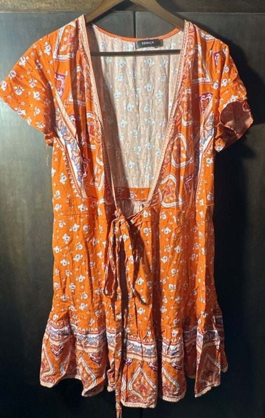 Zesica Women Boho Wrap Maxi Dress Orange Floral Paisley Short Sleeve Medium
